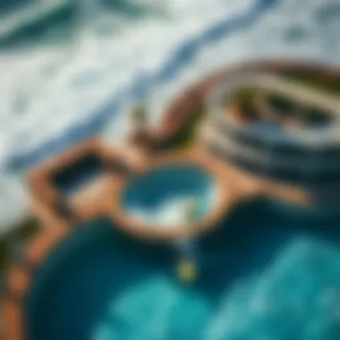 Modern Surf Pool Technology Aerial view of a modern surf pool showcasing wave technology.