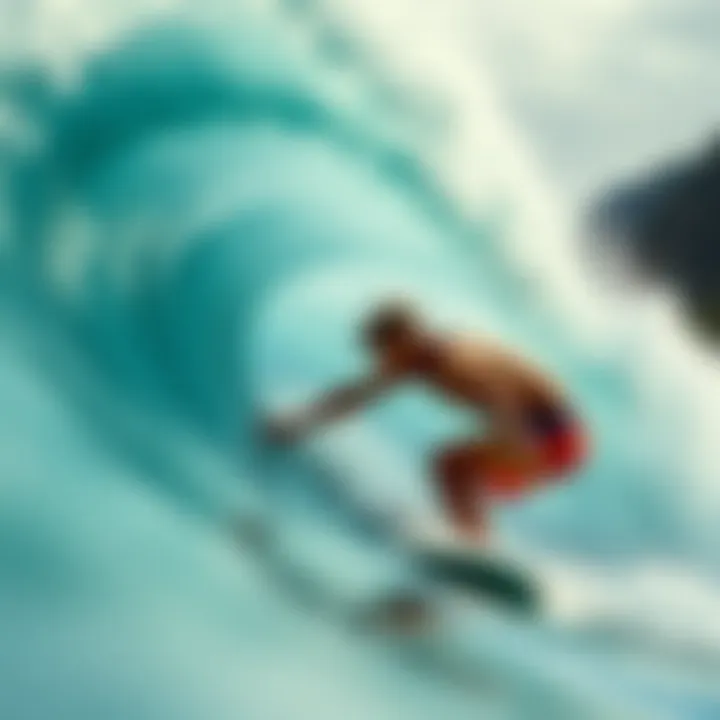 Mastering the Waves at Waikiki A close-up of a surfer riding a wave, showcasing technique and balance