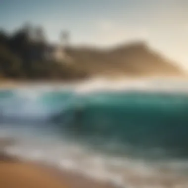 A serene beach setting with surfers enjoying the waves