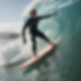 A surfer performing a dynamic maneuver on a wave