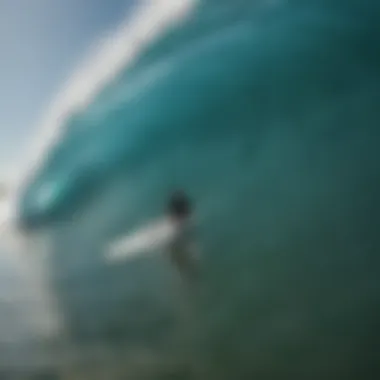 A serene surf scene with surfers enjoying waves while sharks swim below