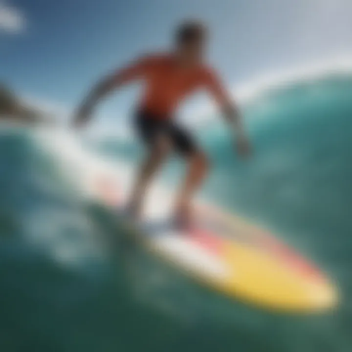 A vibrant surfboard gliding over crystal-clear waters