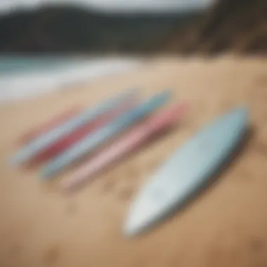 Foil surfboards lined up on a sandy beach, ready for adventure