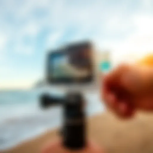 Close-up of a GoPro handheld mount in action on the beach.