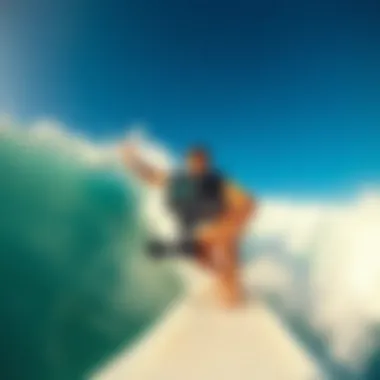 Surfer using the GoPro handheld mount while riding a wave.