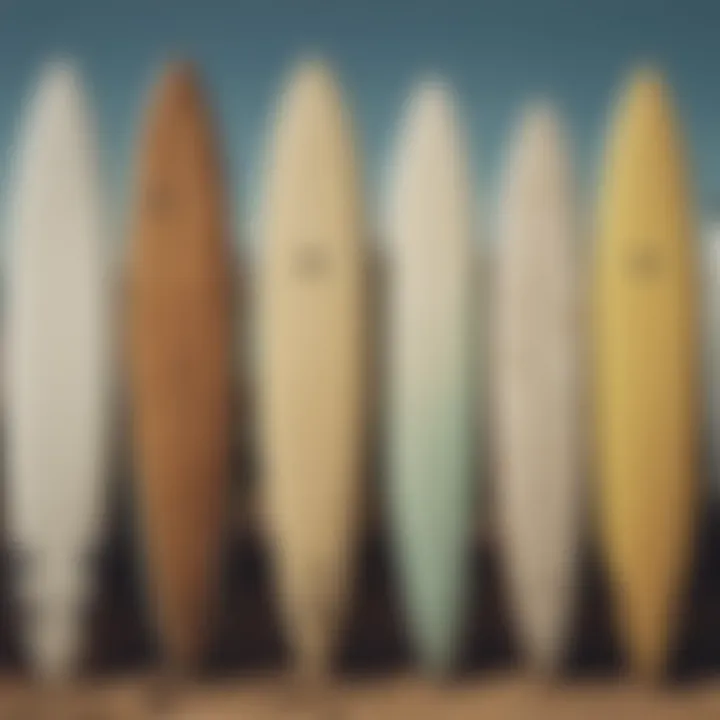 A historical collection of various surfboards, highlighting the evolution of the single fin style.