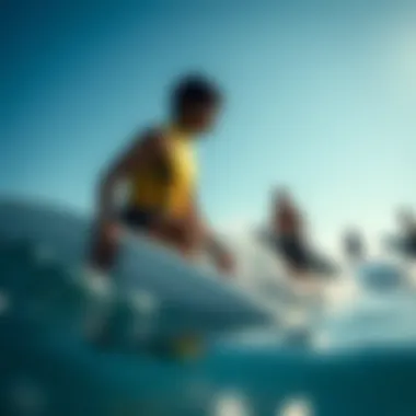 Thriving Surf Community in Japan A group of surfers engaging in a friendly competition, depicting the thriving surf community in Japan.