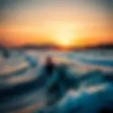 A stunning view of Japanese surfers riding a perfect wave against a picturesque sunset.