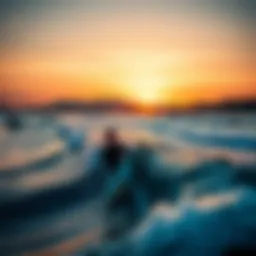 A stunning view of Japanese surfers riding a perfect wave against a picturesque sunset.