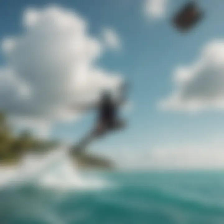 A kiteboarder soaring above turquoise waters