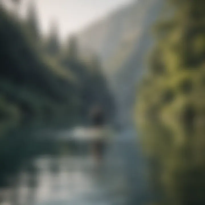 An individual paddling on a calm lake