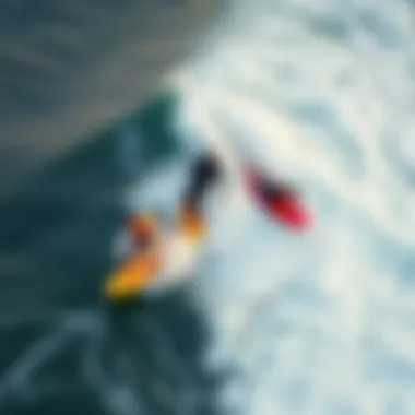 An aerial view of surfers riding waves together, emphasizing the community aspect of surfing.