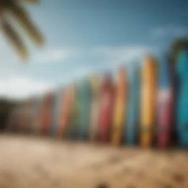 A vibrant surfboard collection displayed on the beach.