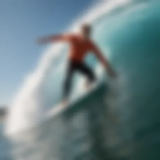 A surfer riding a powerful wave, showcasing skill and balance.