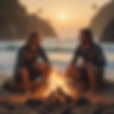 A group of surf enthusiasts sharing a bond around a campfire.