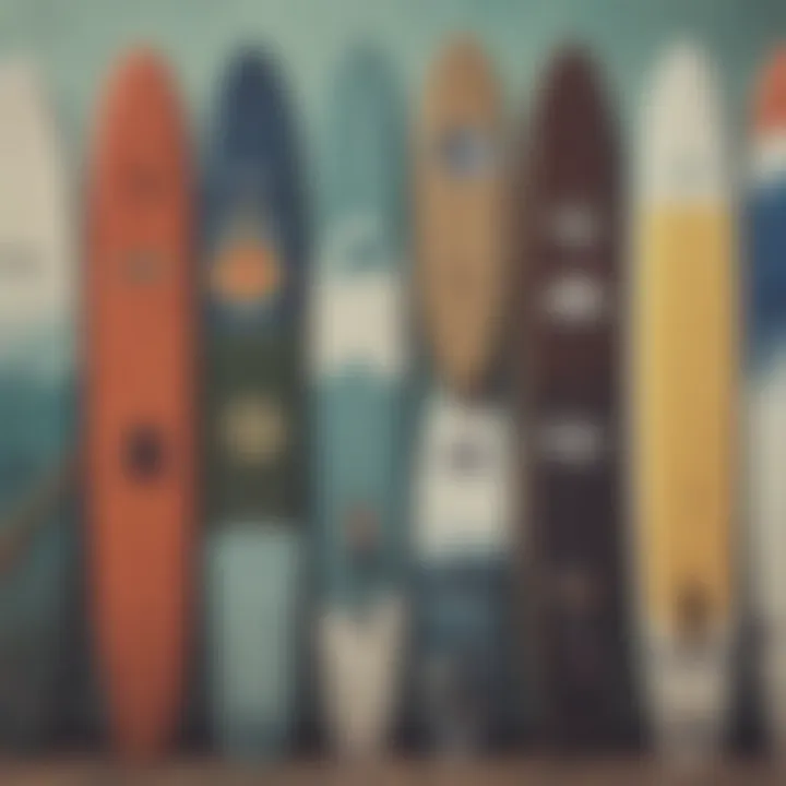 A selection of beanies displayed against a backdrop of surfboards