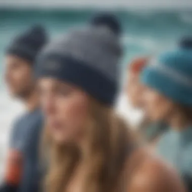 Close-up of various surfing beanie styles and materials