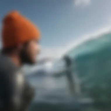 Surfers enjoying a wave while wearing beanies