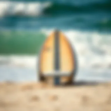 The Perfect Surfboard Ready for Adventure Surfboard resting on the shore with waves in the background