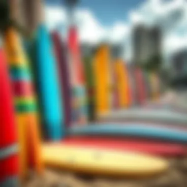 Colorful Surfboards on Waikiki Beach An assortment of colorful surfboards displayed on the beach