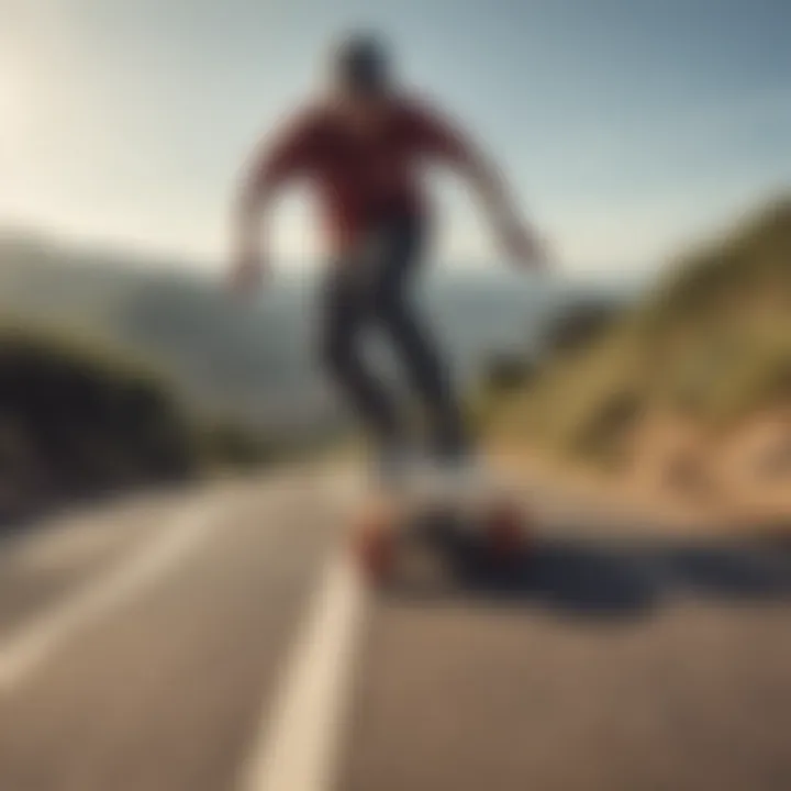 A longboard in action on a scenic hill, emphasizing the thrill of longboarding.