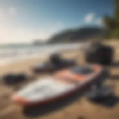 Wakesurfing gear laid out on the beach