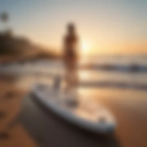 Foldable paddle board on a beach at sunset