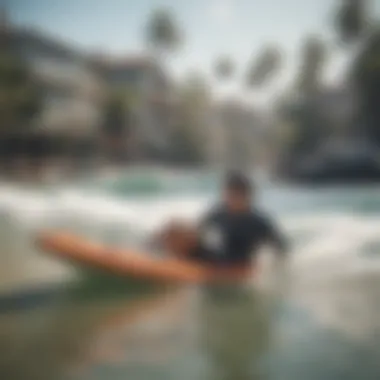 A vibrant beach community engaged in bodyboarding.