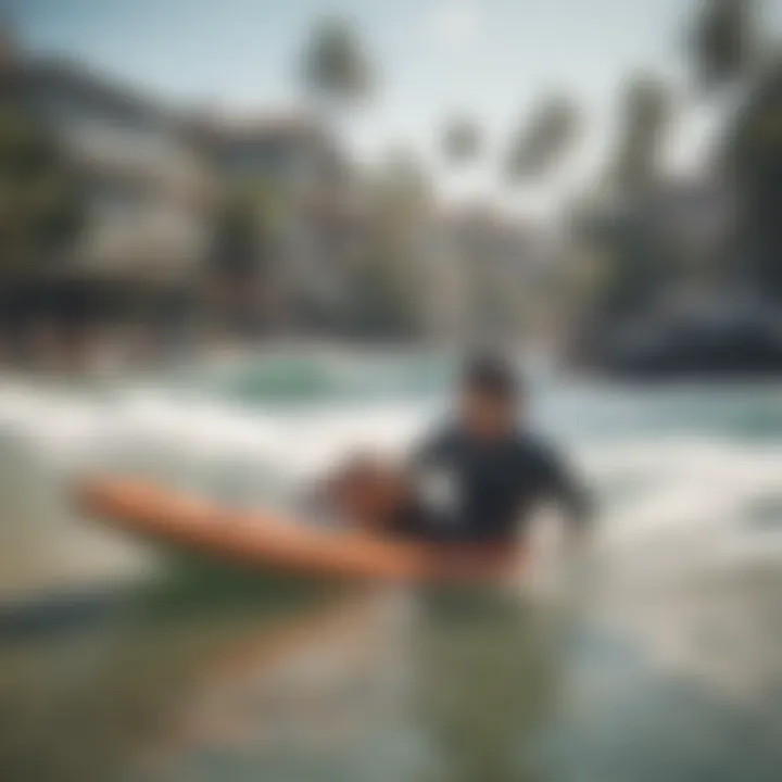 A vibrant beach community engaged in bodyboarding.