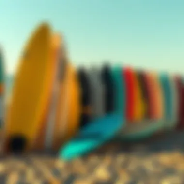 A variety of foam surfboards lined up on the beach