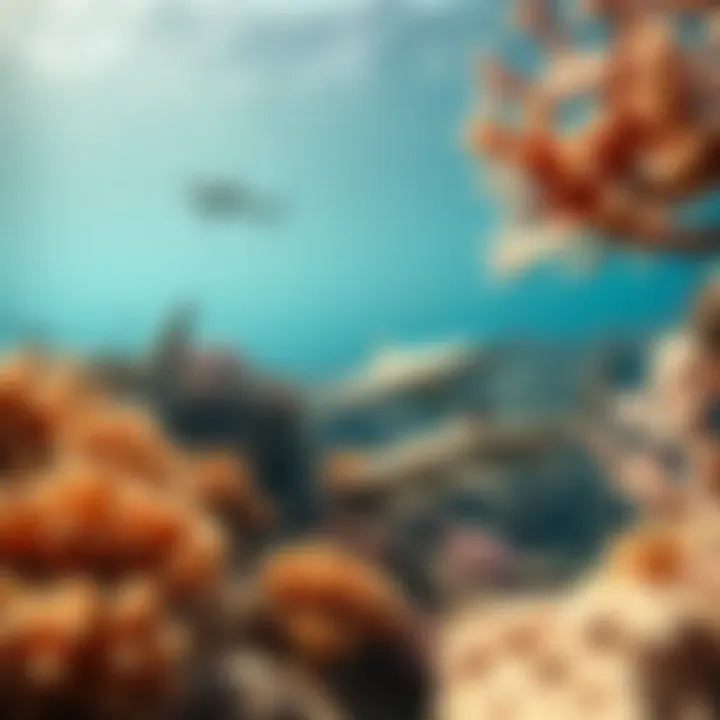 A vibrant coral reef teeming with various shark species