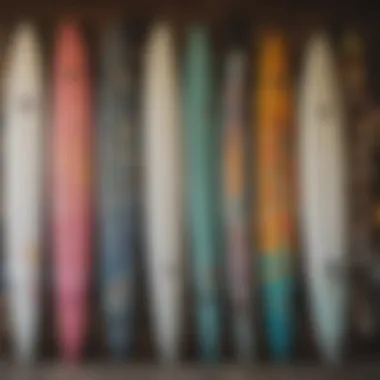 Colorful selection of used surfboards displayed in a local shop