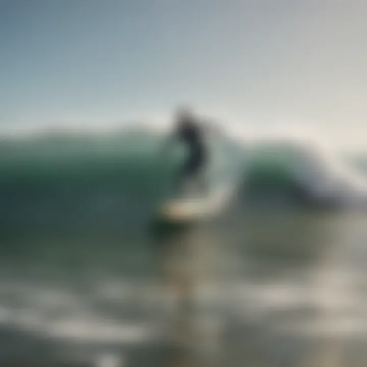 A serene beach setting with surfers riding waves on second-hand boards