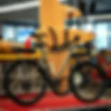 A stylish surfboard holder designed for bicycles on display.