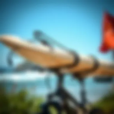 Surfboard Mounted on Bike Holder Close-up of a surfboard securely mounted on a bike holder.