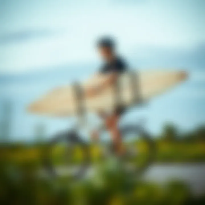 Bike Ride with Surfboard Holder An individual riding a bicycle with a surfboard holder in action.