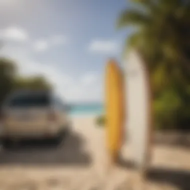 Surfboard resting on the golden sands of Vaadhoo Island