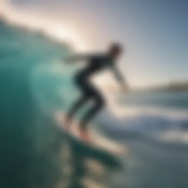 Surfers riding artificial waves in a vibrant setting.