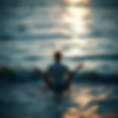 A meditative figure sitting by the shore, immersed in the sound of waves
