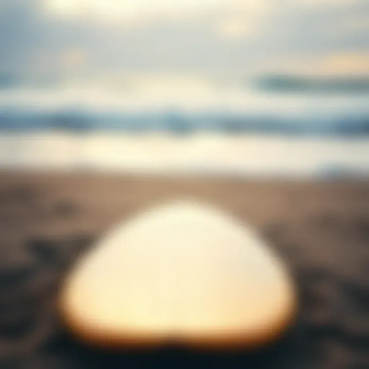 Surfboard resting on the sand with ocean waves in the background