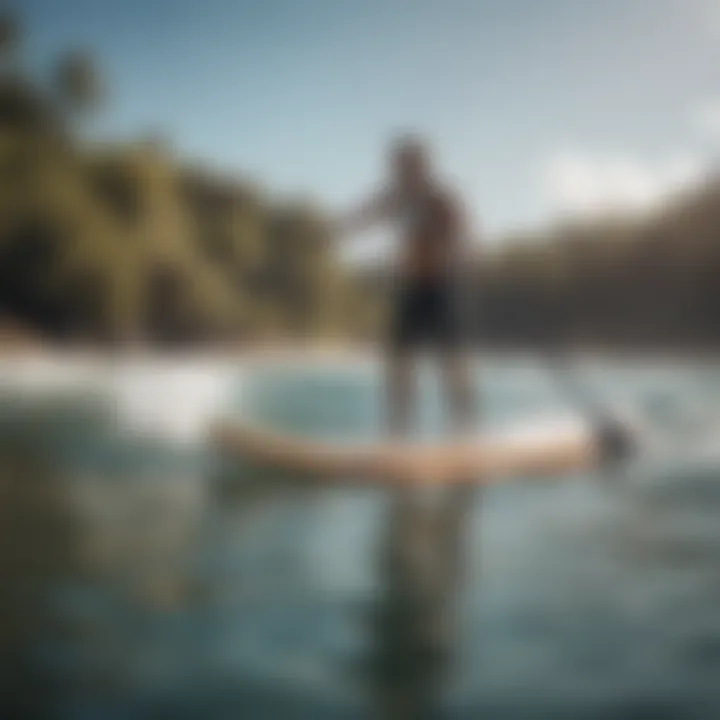 A scenic view of a paddle boarder performing on water.