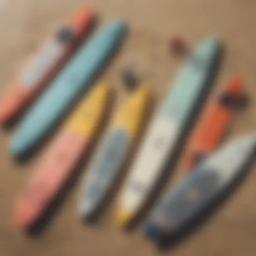 A diverse range of paddle boards displayed on the beach.