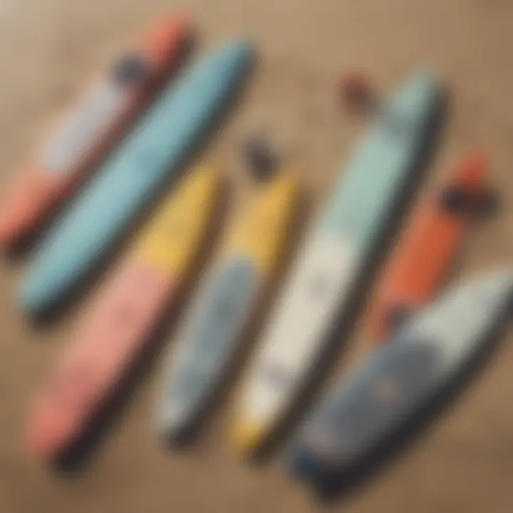 A diverse range of paddle boards displayed on the beach.