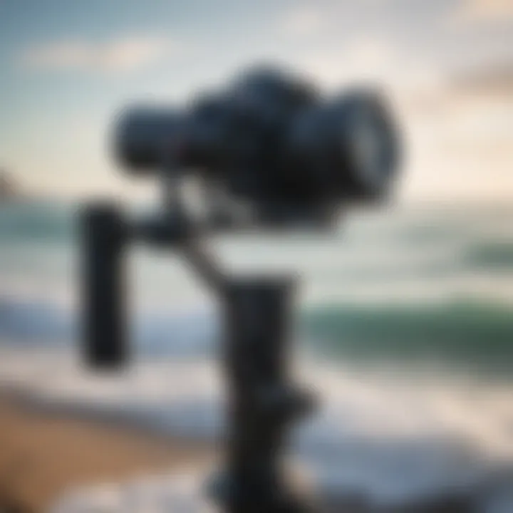 Close-up of gimbal stabilizer with ocean backdrop