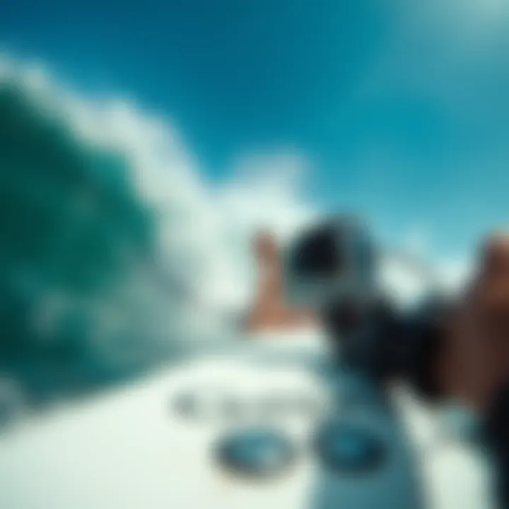 A surfer riding a wave with GoPro setup visible