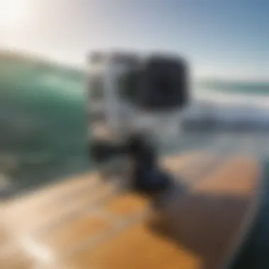 Close-up of a GoPro mount securely fastened to a surfboard