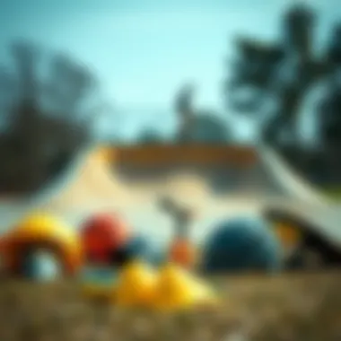 Safety Essentials for Skateboarders Safety gear laid out for skateboarding activities near a halfpipe