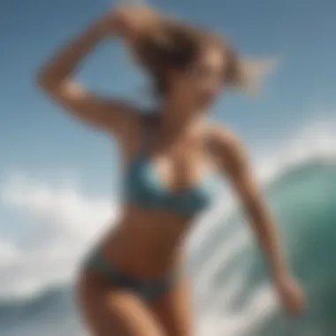 A surfer catching a wave, wearing the Surfer Bra, highlighting its fit and style during action