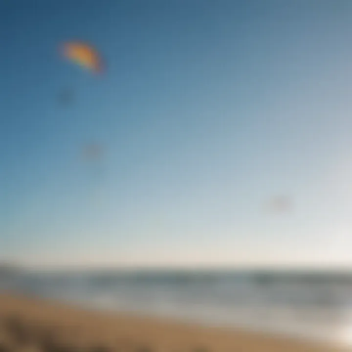 Colorful kites against a clear blue sky at a popular Michigan kite surfing spot