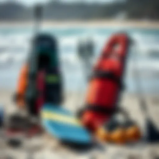 Essential Kite Surfing Gear Kite surfing equipment displayed on a beach.